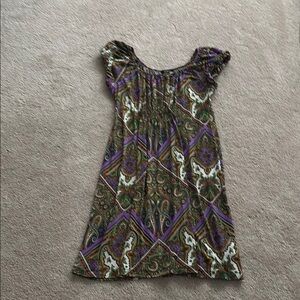 AGB Purple and Green Casual Sundress with Puff Cap Sleeves